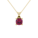 Red cushion cut gemstone solitaire pendant in gold featuring a refined four-prong basket setting