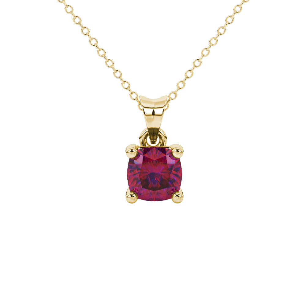 Red cushion cut gemstone solitaire pendant in gold featuring a refined four-prong basket setting