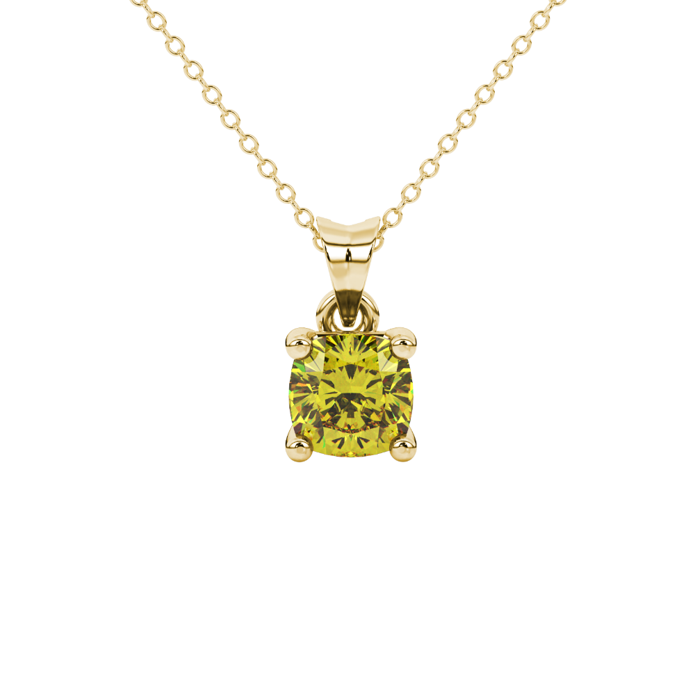 Yellow cushion cut gemstone solitaire pendant in gold featuring a refined four-prong basket setting