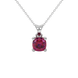 Red cushion cut gemstone solitaire pendant in gold featuring a refined four-prong basket setting