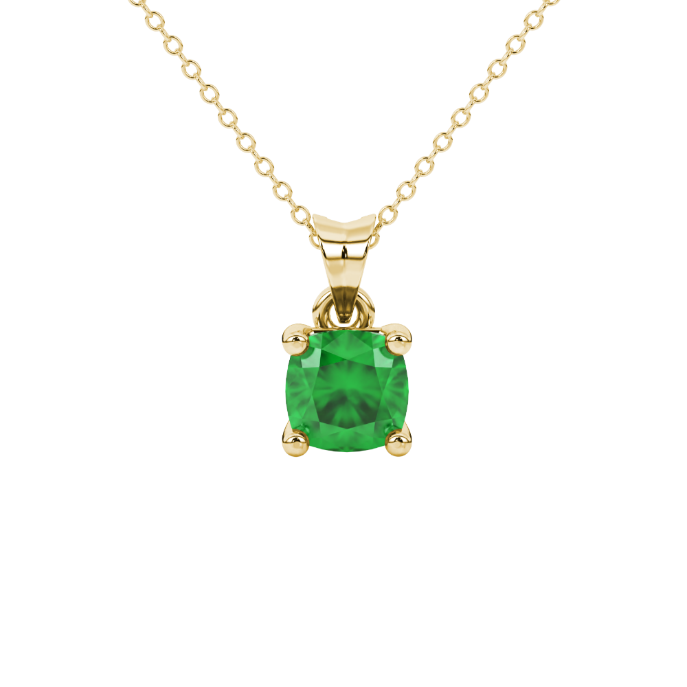 Green cushion cut gemstone solitaire pendant in gold featuring a refined four-prong basket setting