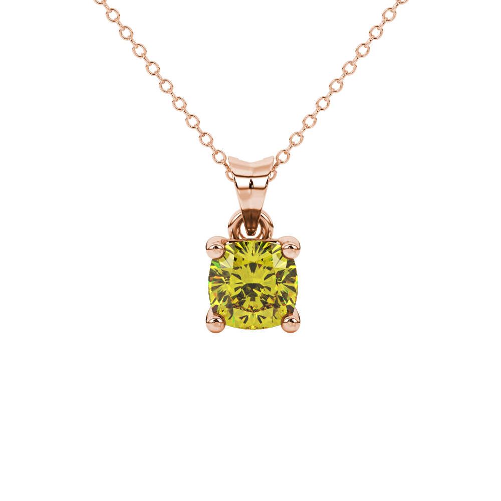 Yellow cushion cut gemstone solitaire pendant in gold featuring a refined four-prong basket setting