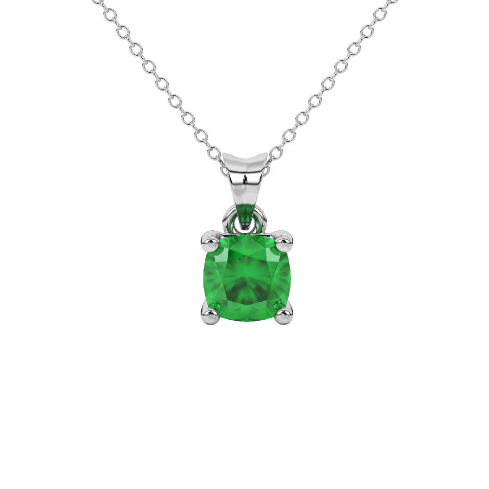 Green cushion cut gemstone solitaire pendant in gold featuring a refined four-prong basket setting