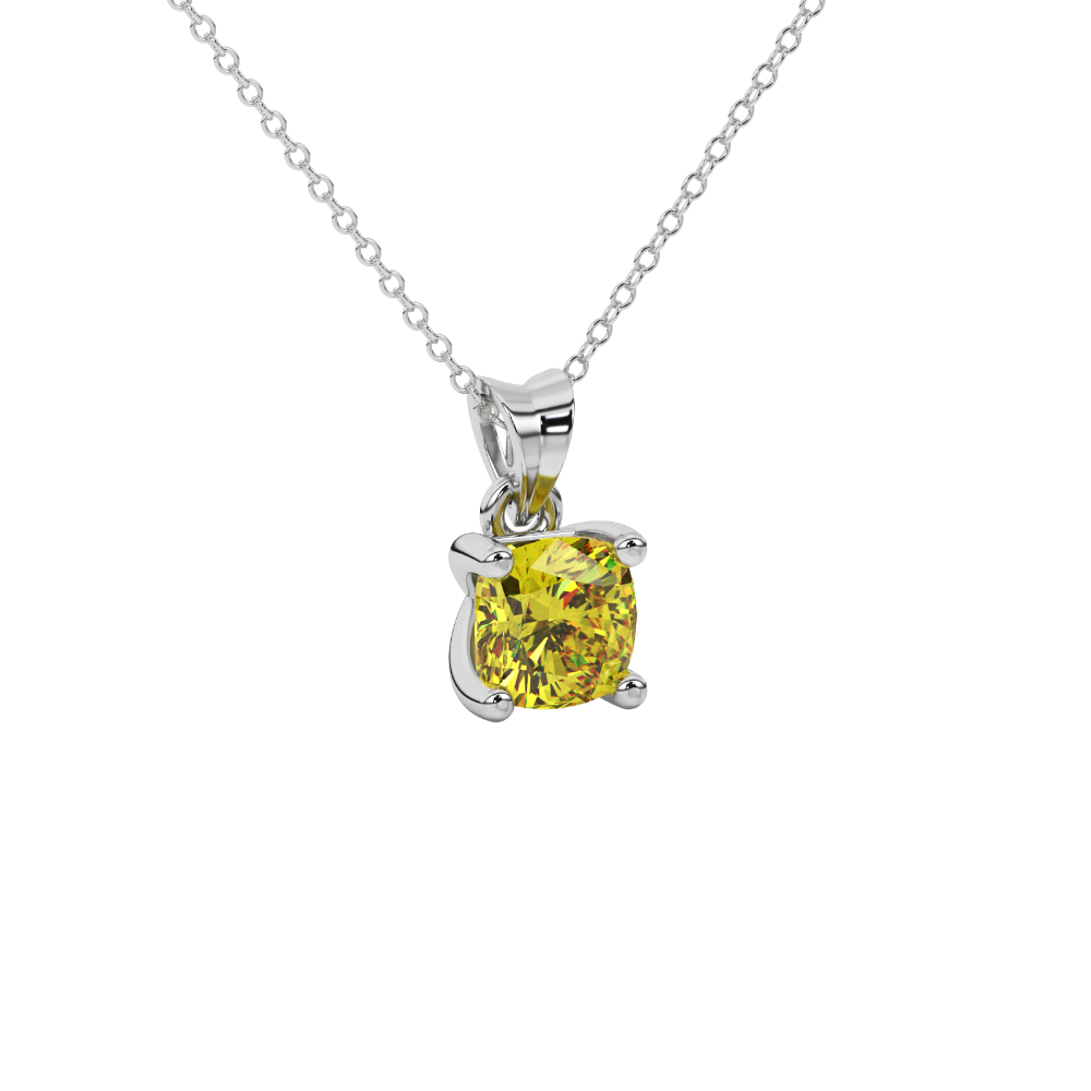 Yellow cushion cut gemstone solitaire pendant in gold featuring a refined four-prong basket setting