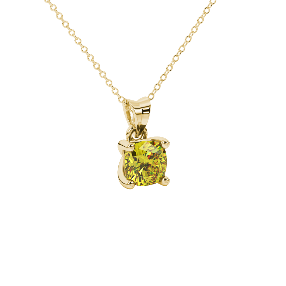 Yellow cushion cut gemstone solitaire pendant in gold featuring a refined four-prong basket setting
