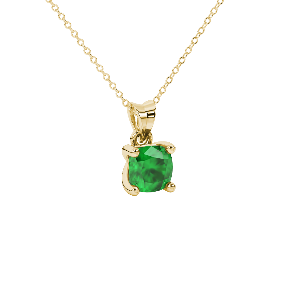 Green cushion cut gemstone solitaire pendant in gold featuring a refined four-prong basket setting