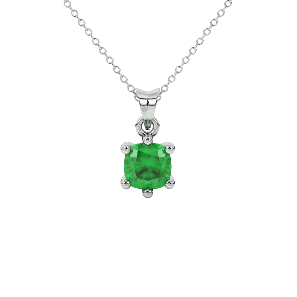 Green cushion cut gemstone solitaire pendant in gold featuring a refined six-prong basket setting