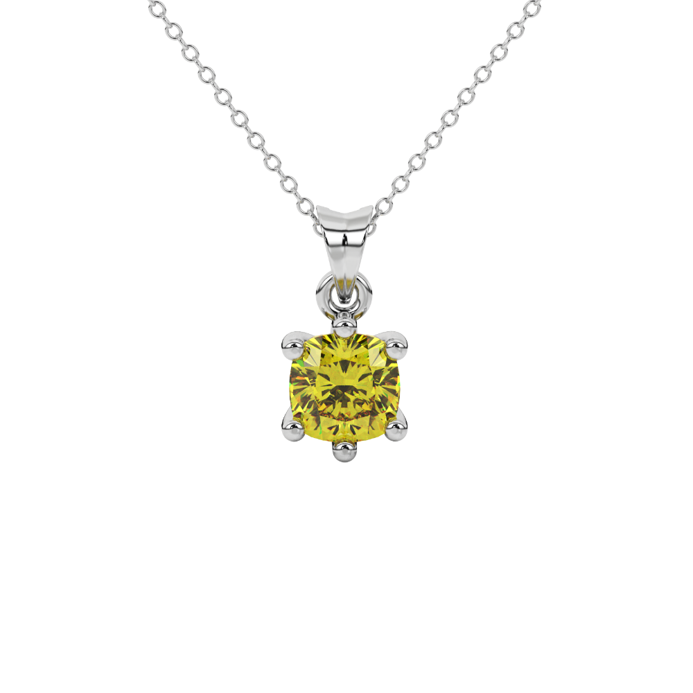Yellow cushion cut gemstone solitaire pendant in gold featuring a refined six-prong basket setting