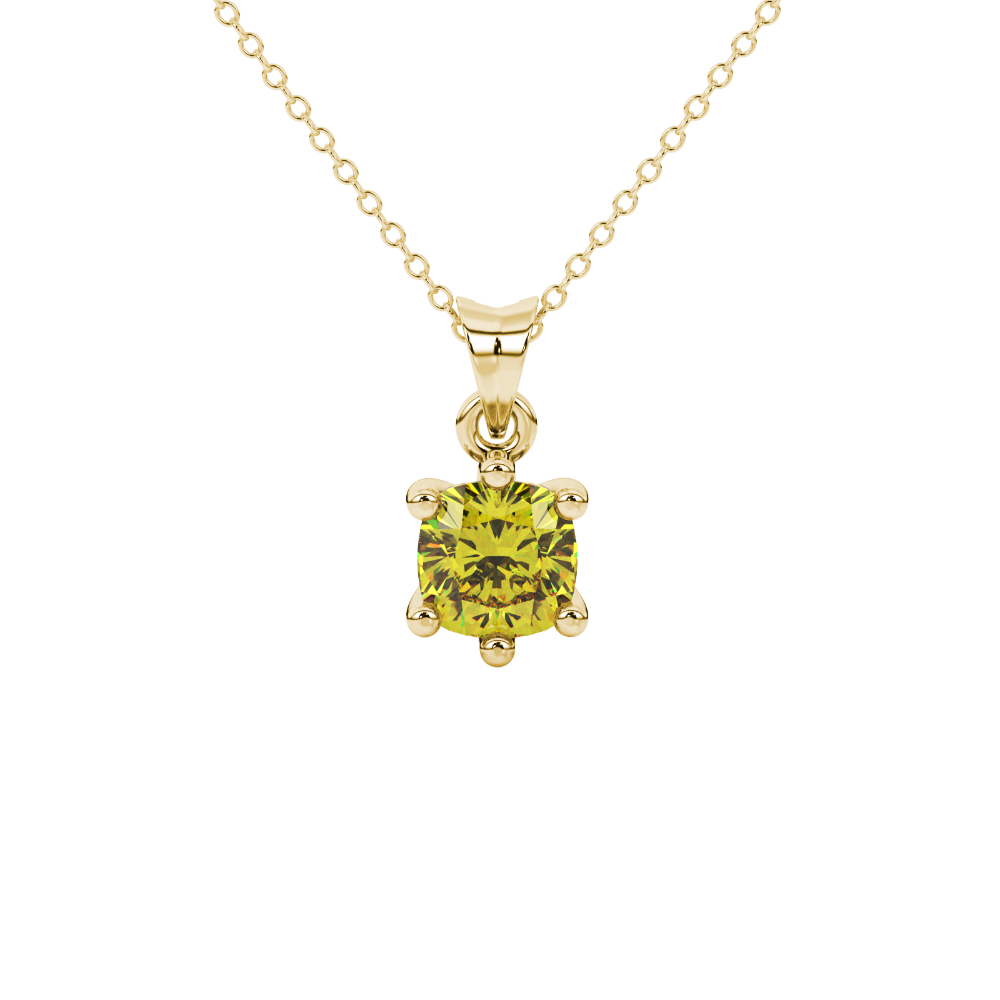 Yellow cushion cut gemstone solitaire pendant in gold featuring a refined six-prong basket setting