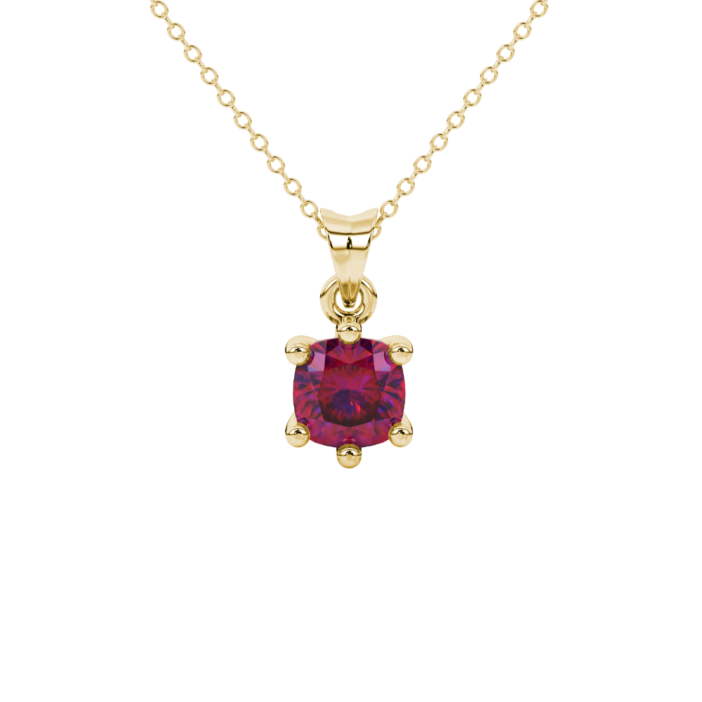 Red cushion cut gemstone solitaire pendant in gold featuring a refined six-prong basket setting