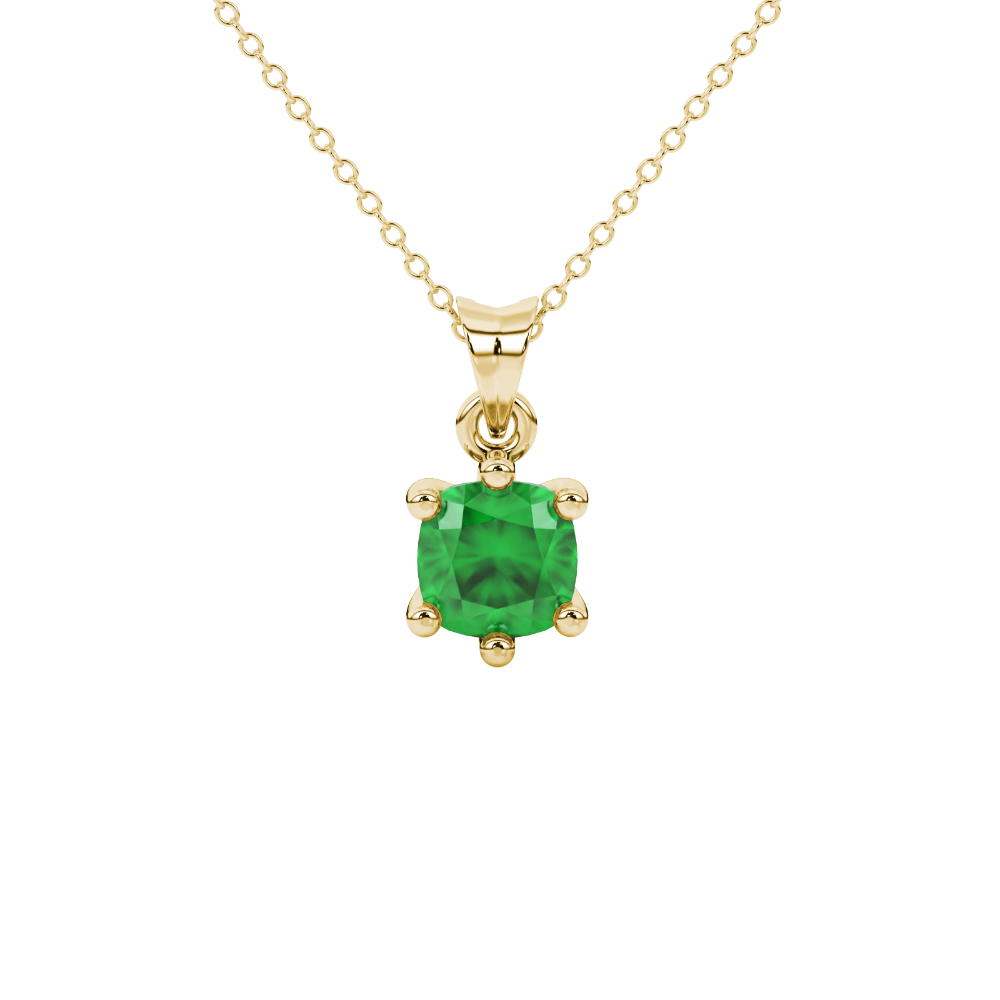 Green cushion cut gemstone solitaire pendant in gold featuring a refined six-prong basket setting