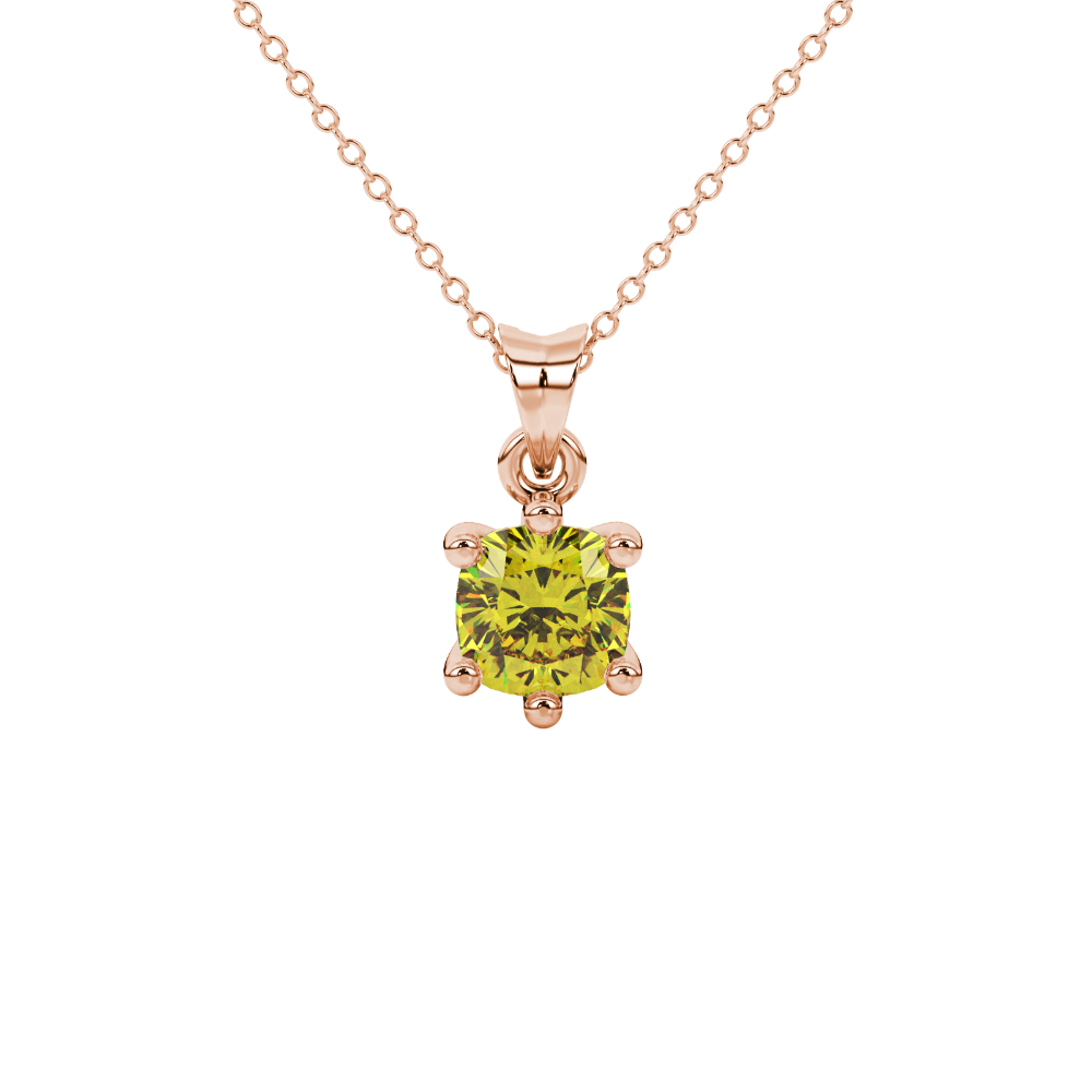 Yellow cushion cut gemstone solitaire pendant in gold featuring a refined six-prong basket setting