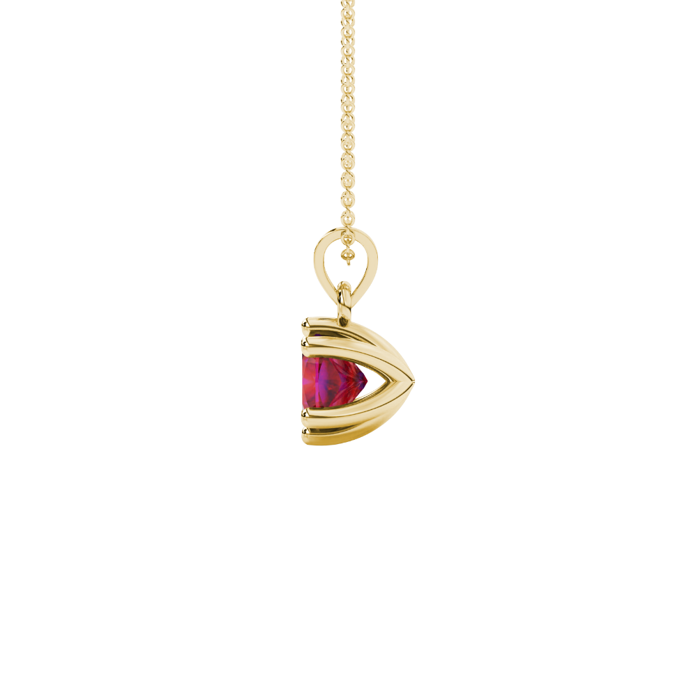 Red cushion cut gemstone solitaire pendant in gold featuring a refined six-prong basket setting