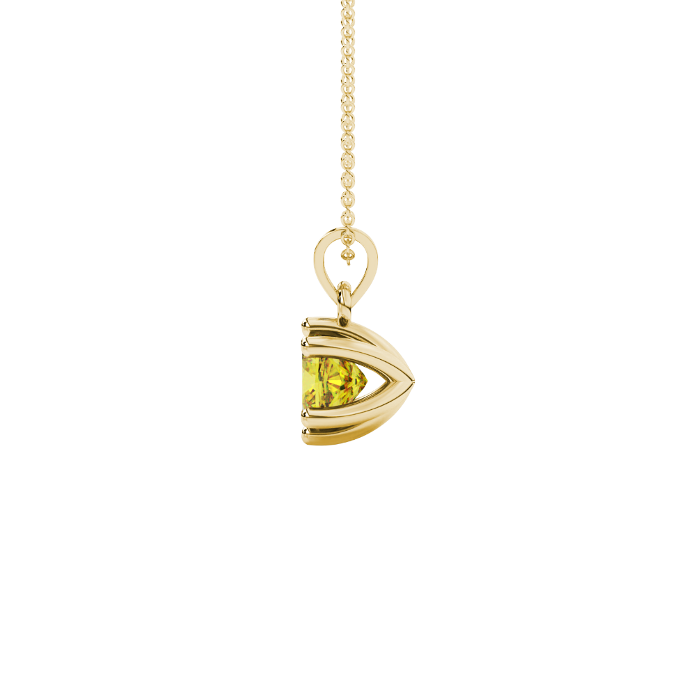 Yellow cushion cut gemstone solitaire pendant in gold featuring a refined six-prong basket setting