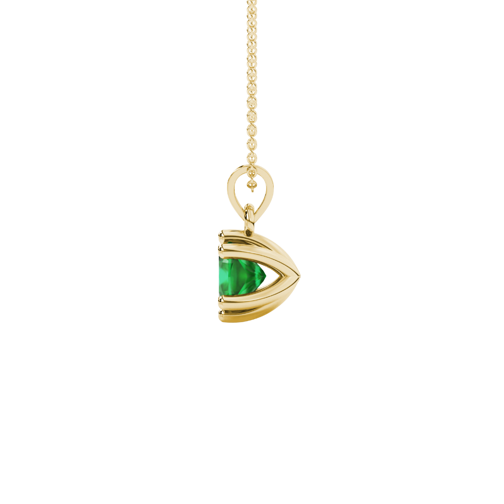Green cushion cut gemstone solitaire pendant in gold featuring a refined six-prong basket setting