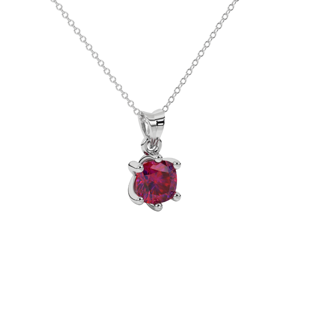 Red cushion cut gemstone solitaire pendant in gold featuring a refined six-prong basket setting