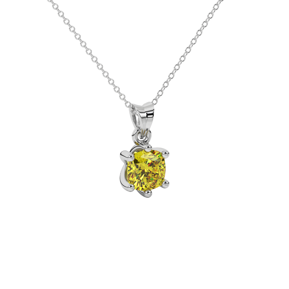 Yellow cushion cut gemstone solitaire pendant in gold featuring a refined six-prong basket setting