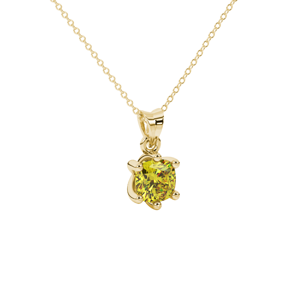 Yellow cushion cut gemstone solitaire pendant in gold featuring a refined six-prong basket setting