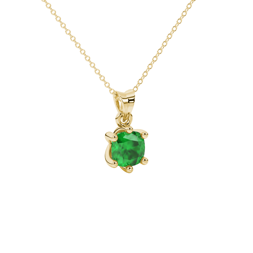 Green cushion cut gemstone solitaire pendant in gold featuring a refined six-prong basket setting