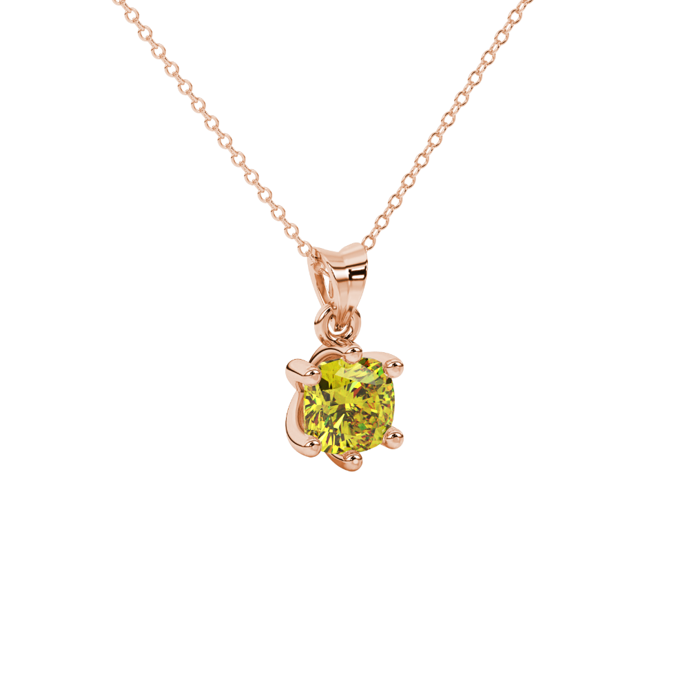 Yellow cushion cut gemstone solitaire pendant in gold featuring a refined six-prong basket setting
