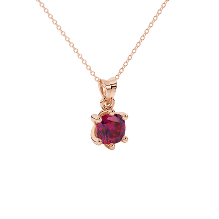 Red cushion cut gemstone solitaire pendant in gold featuring a refined six-prong basket setting