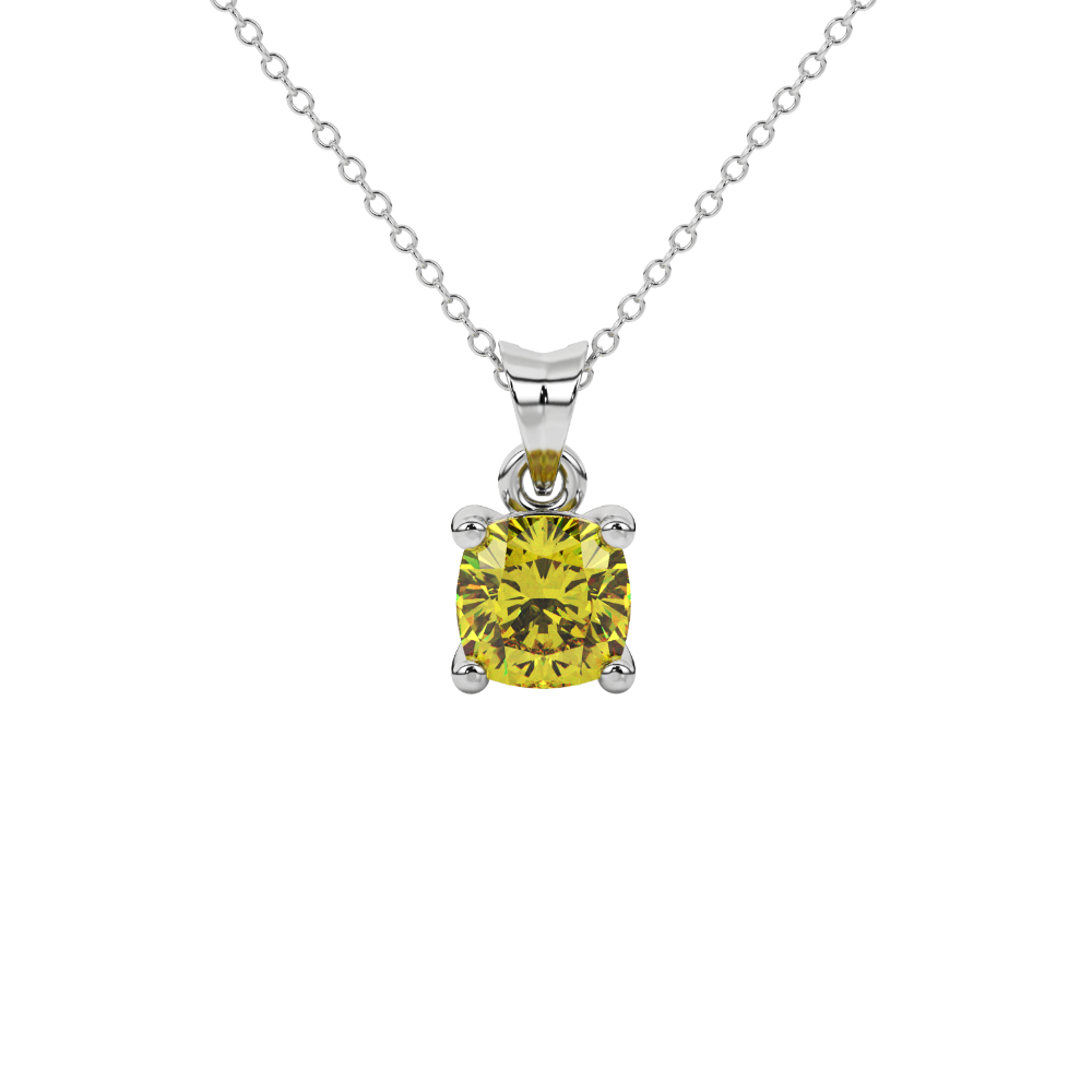Yellow cushion cut solitaire gemstone pendant in rose gold four-prong setting