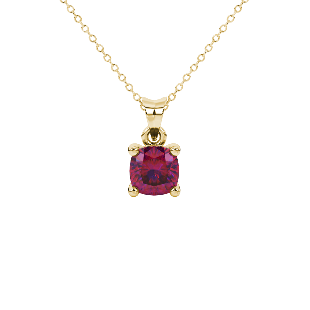 Red cushion cut solitaire gemstone pendant in yellow gold four-prong setting