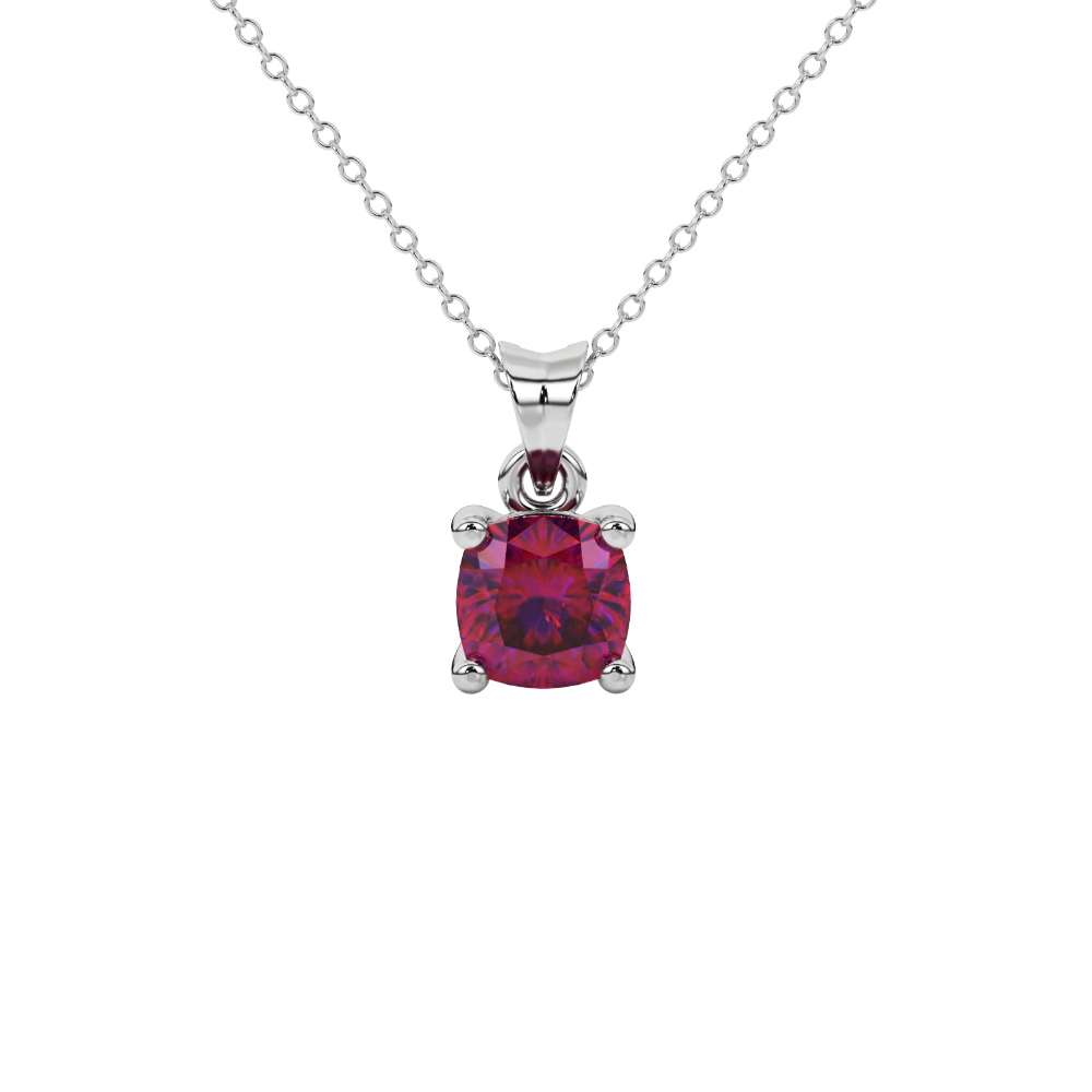 Red cushion cut solitaire gemstone pendant in yellow gold four-prong setting