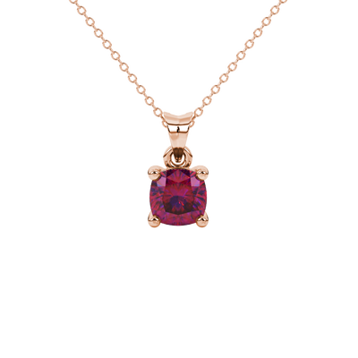 Red cushion cut solitaire gemstone pendant in yellow gold four-prong setting