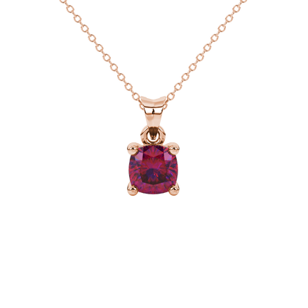Red cushion cut solitaire gemstone pendant in yellow gold four-prong setting