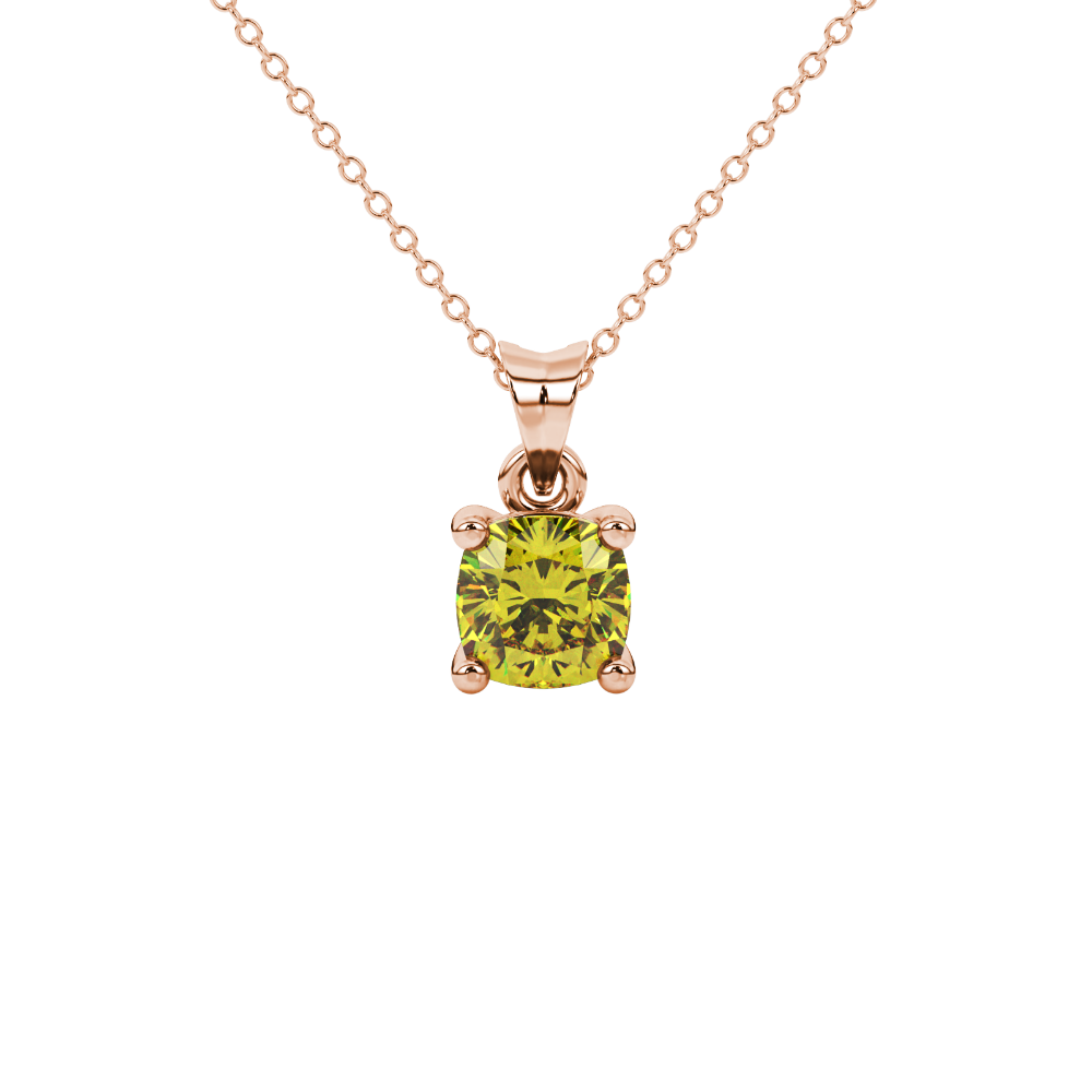 Yellow cushion cut solitaire gemstone pendant in rose gold four-prong setting