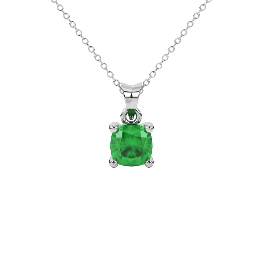 Green cushion cut solitaire gemstone pendant in white gold four-prong setting