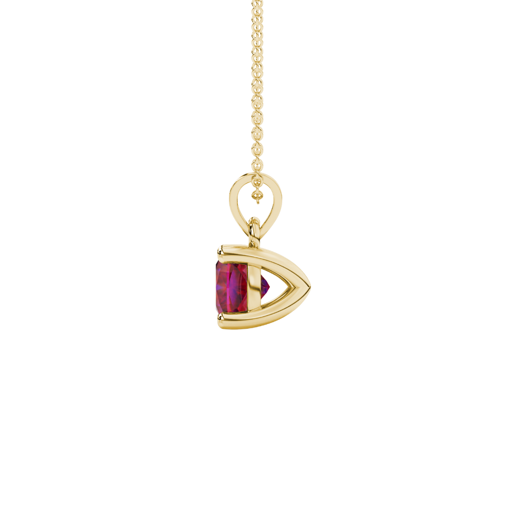 Red cushion cut solitaire gemstone pendant in yellow gold four-prong setting