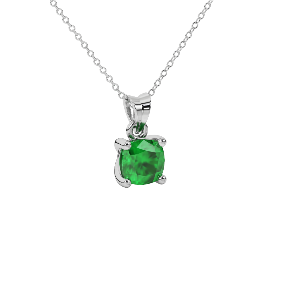 Green cushion cut solitaire gemstone pendant in white gold four-prong setting