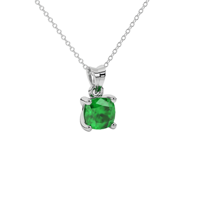 emerald green cushion four prong gemstone pendant in white gold