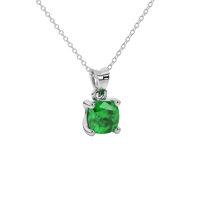 Green cushion cut solitaire gemstone pendant in white gold four-prong setting