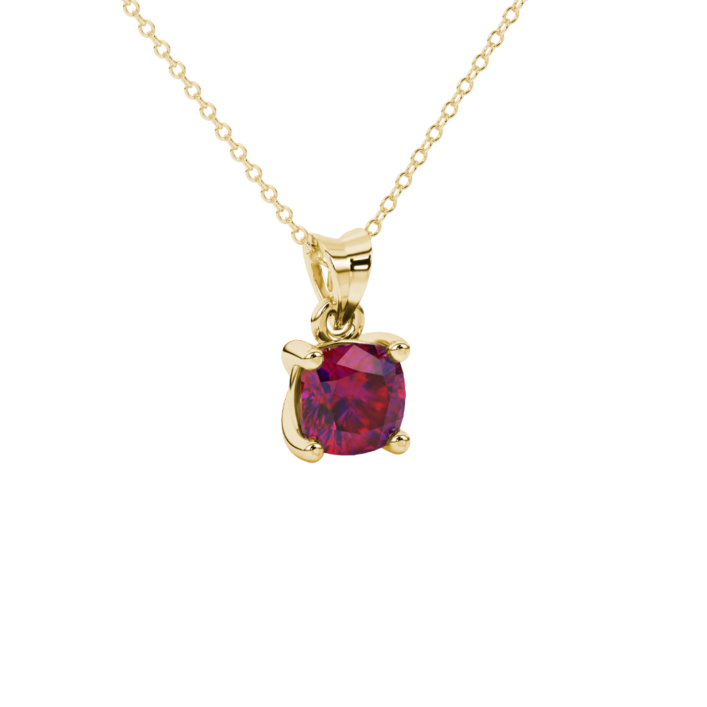 Red cushion cut solitaire gemstone pendant in yellow gold four-prong setting