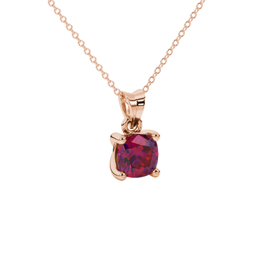 Red cushion cut solitaire gemstone pendant in yellow gold four-prong setting