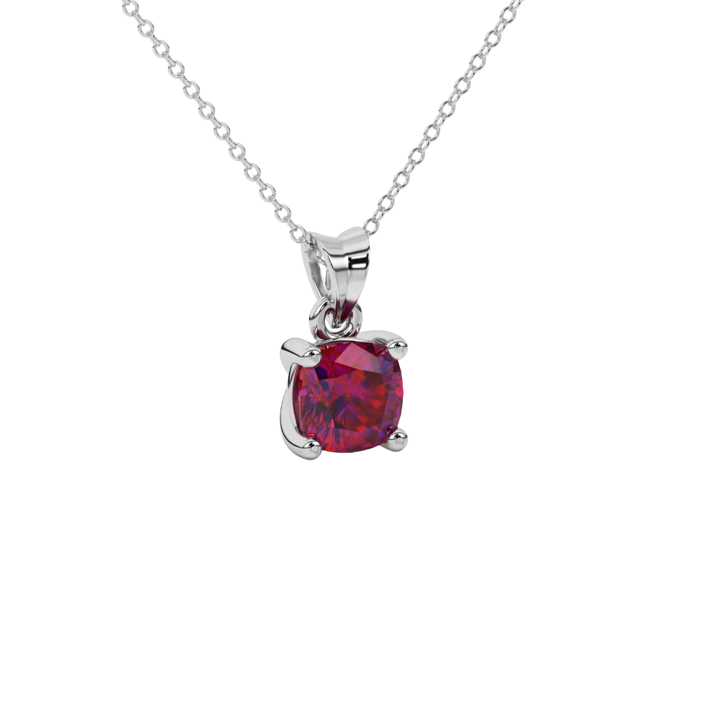 Red cushion cut solitaire gemstone pendant in yellow gold four-prong setting