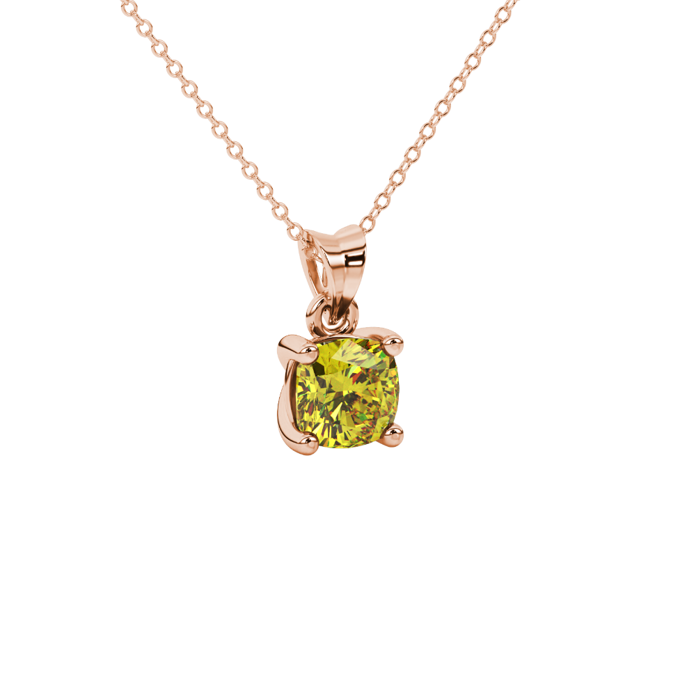 Yellow cushion cut solitaire gemstone pendant in rose gold four-prong setting