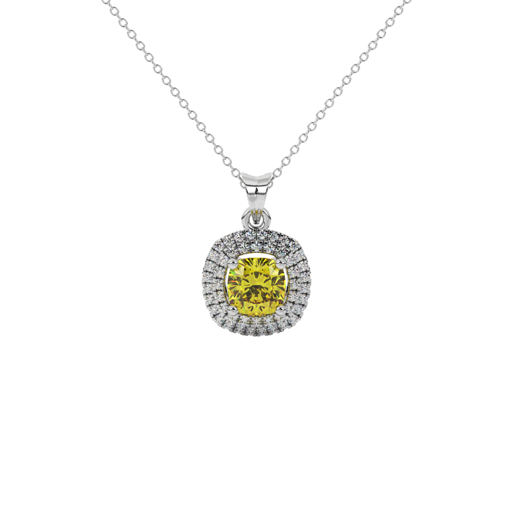 Yellow cushion cut gemstone double halo pendant in rose gold