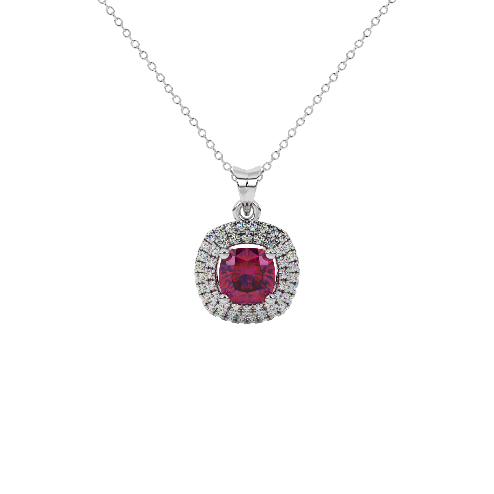 Red cushion cut gemstone double halo pendant in rose gold