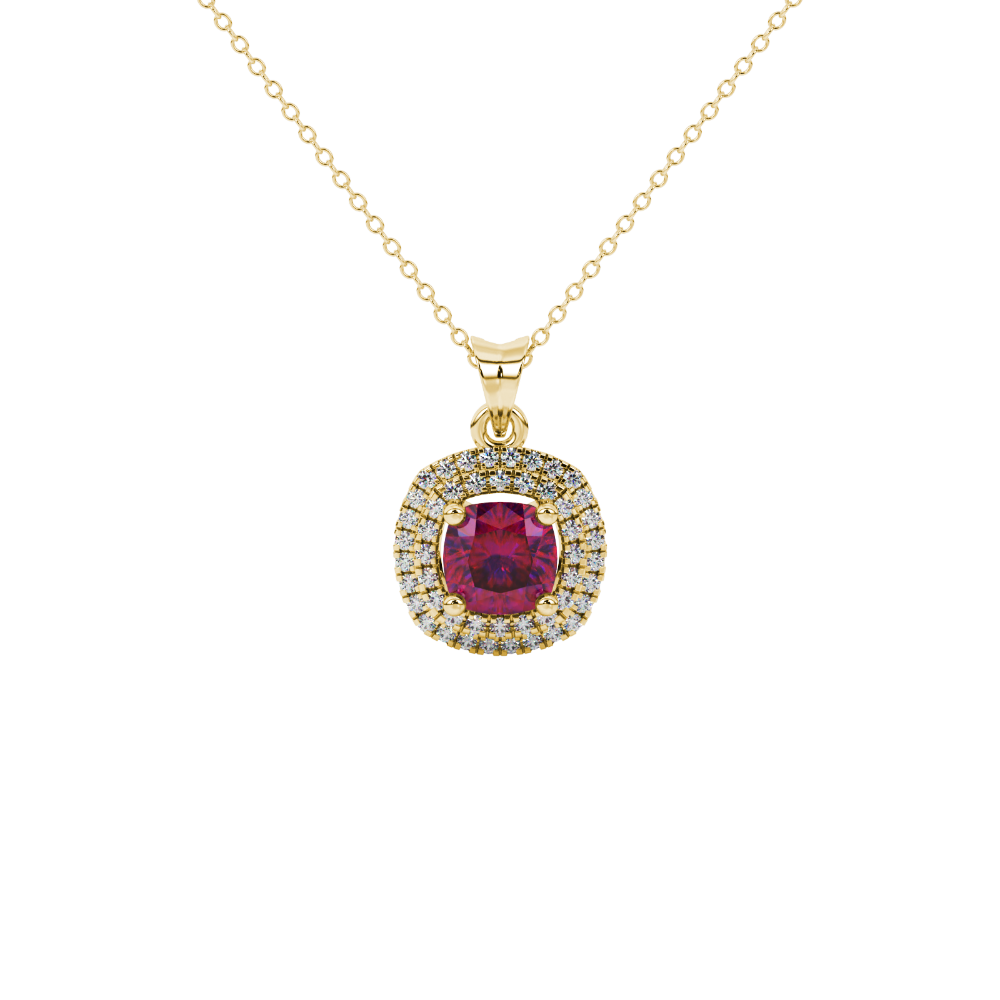 Red cushion cut gemstone double halo pendant in rose gold