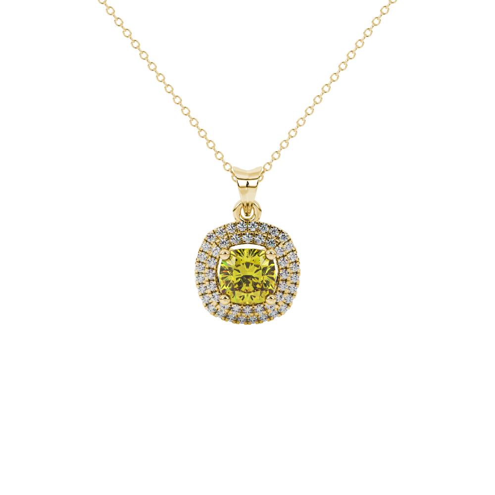 Yellow cushion cut gemstone double halo pendant in rose gold