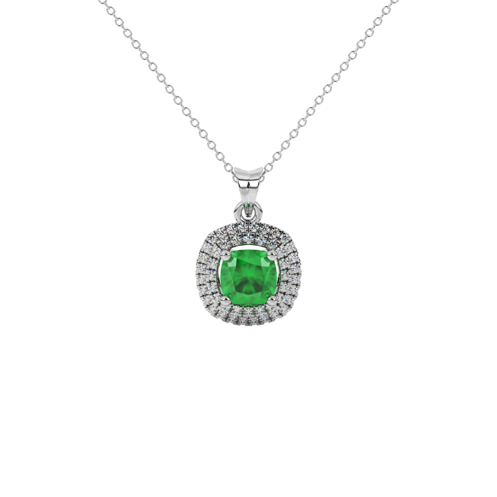 Green cushion cut gemstone double halo pendant in rose gold