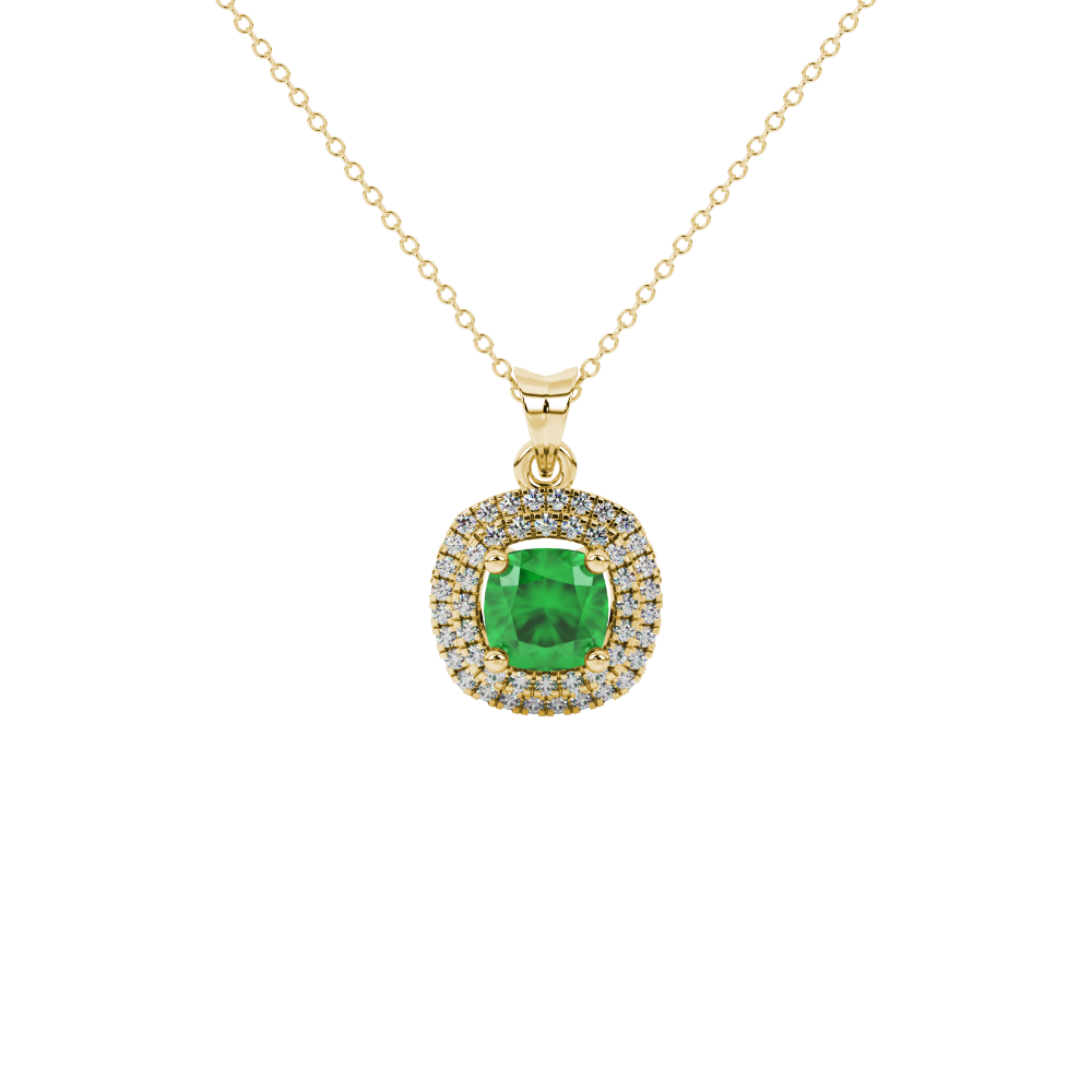 Green cushion cut gemstone double halo pendant in rose gold