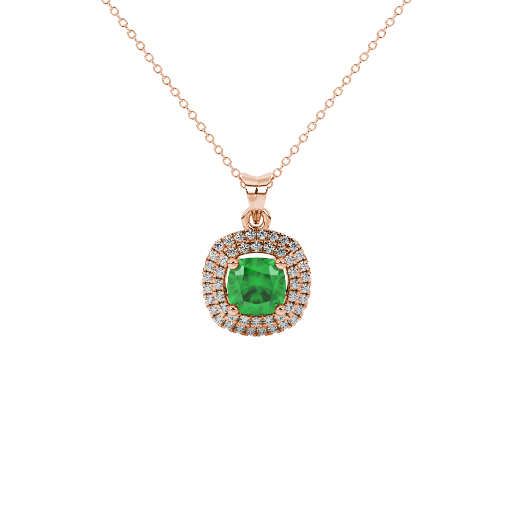 Green cushion cut gemstone double halo pendant in rose gold