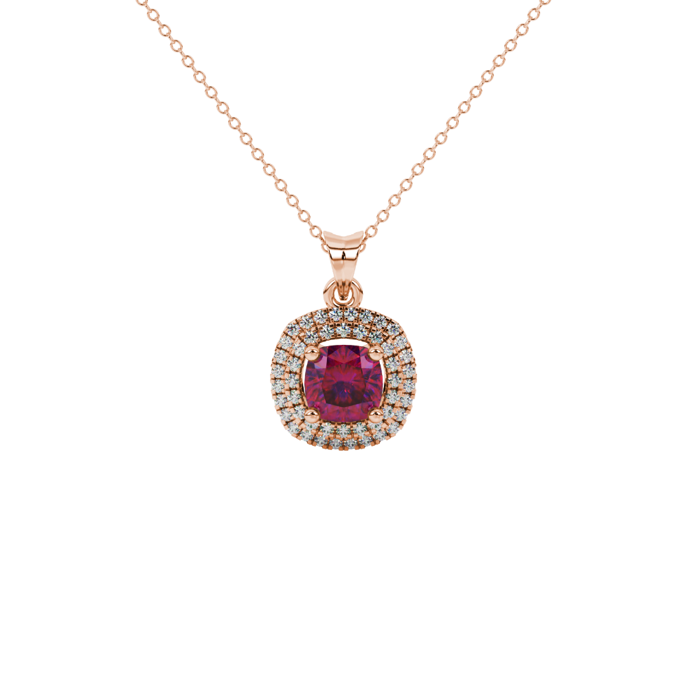 Red cushion cut gemstone double halo pendant in rose gold