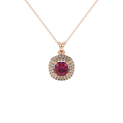 Red cushion cut gemstone double halo pendant in rose gold