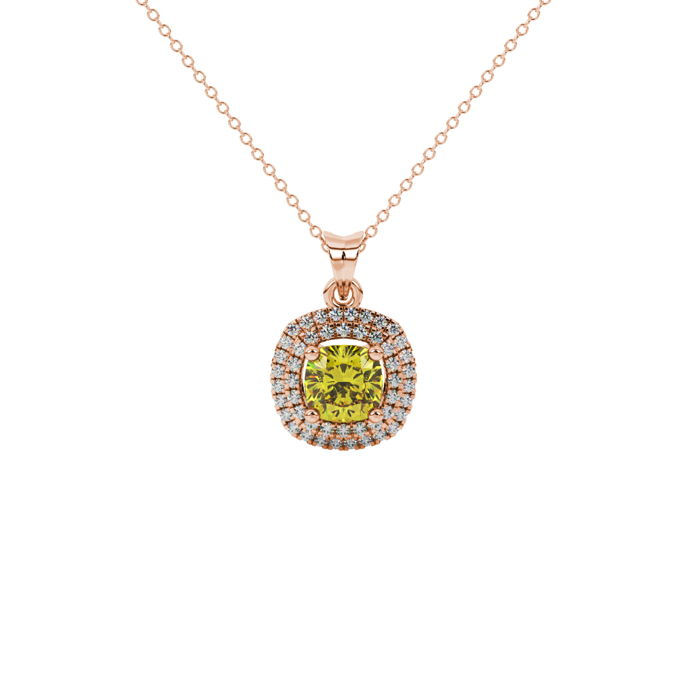Yellow cushion cut gemstone double halo pendant in rose gold